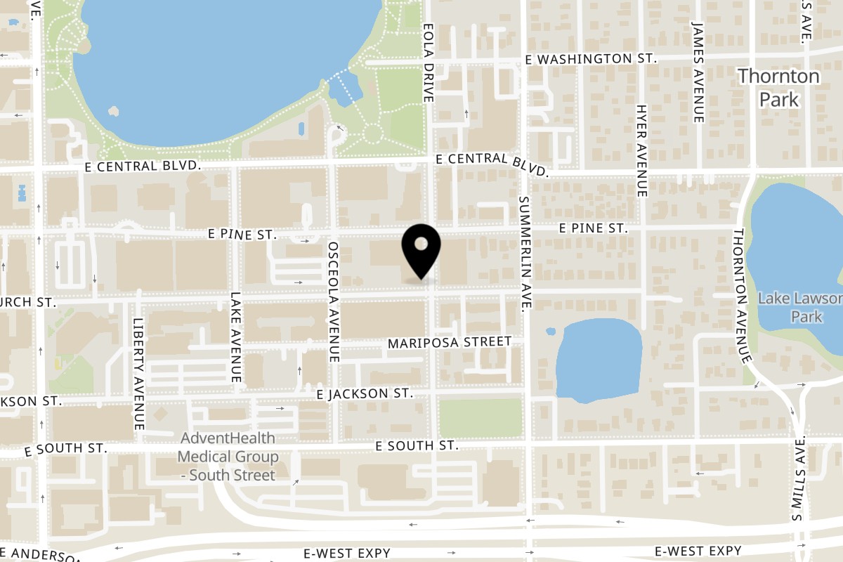 Map showing the location of Neveyah Sushi and Thai on 100 S Eola Dr #105 in Orlando